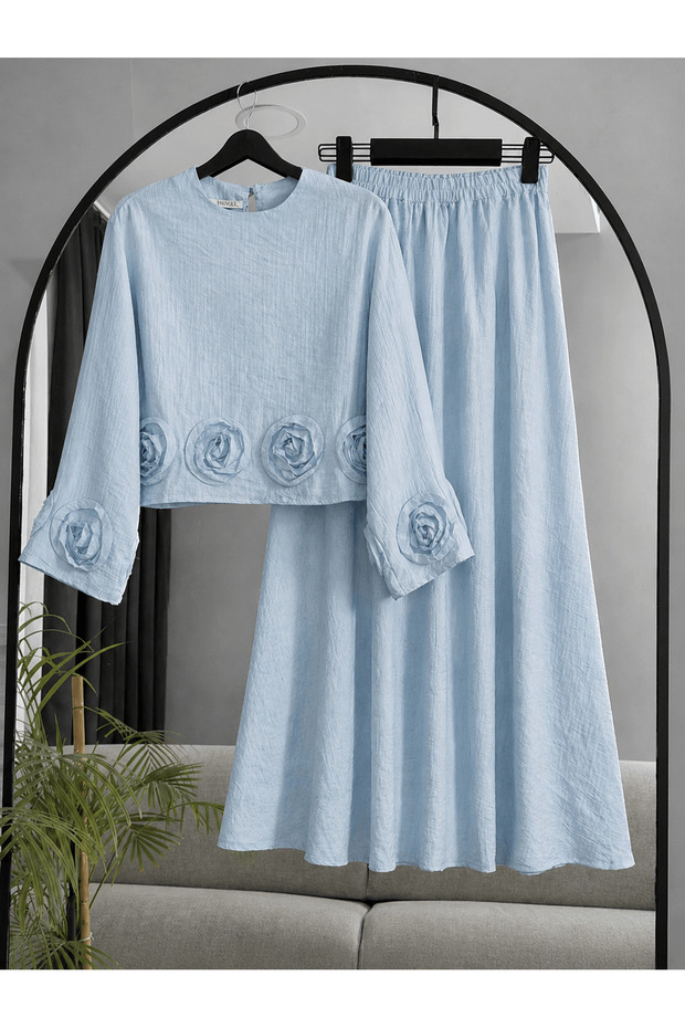 Rose Detailed Skirt Suit - 1387 - Baby Blue