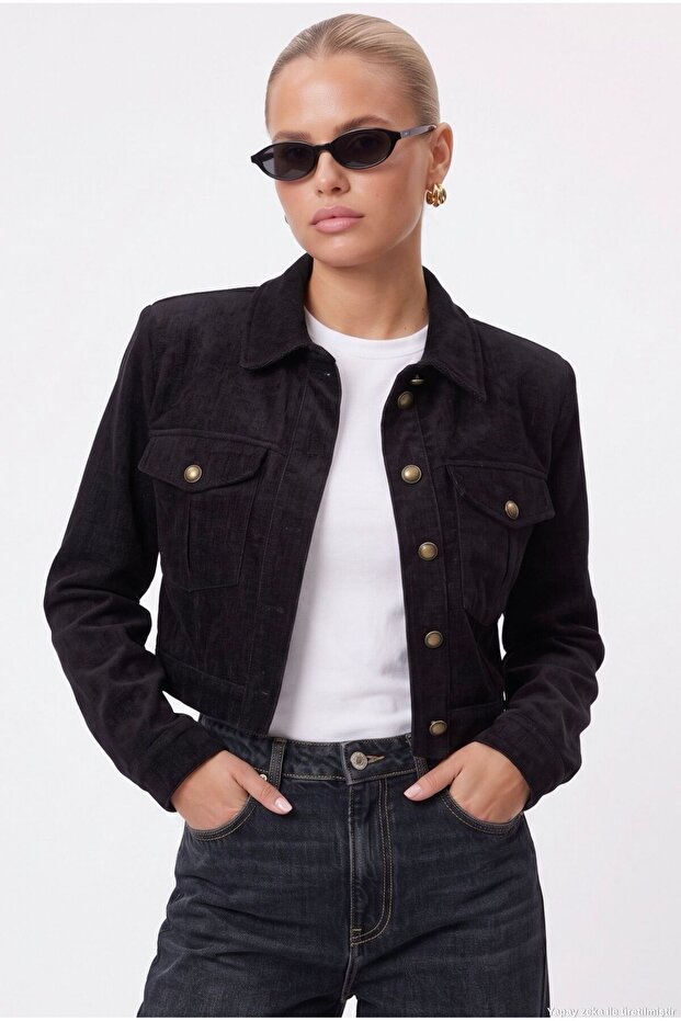 Women's Daniel Lined Pocket Detailed Buttoned Crop Lux Black Jacket
