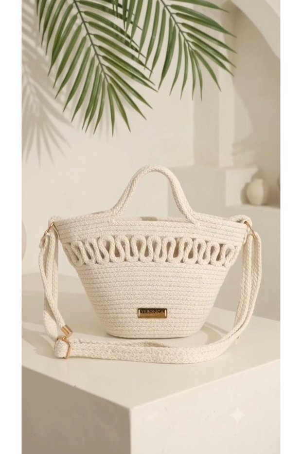 Ekru Handmade Rope Straw Detail Tricot Women's Bag with Hand and Crossbody Straps