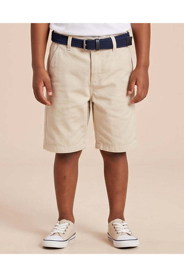 Boys Cream Plain Belted Shorts