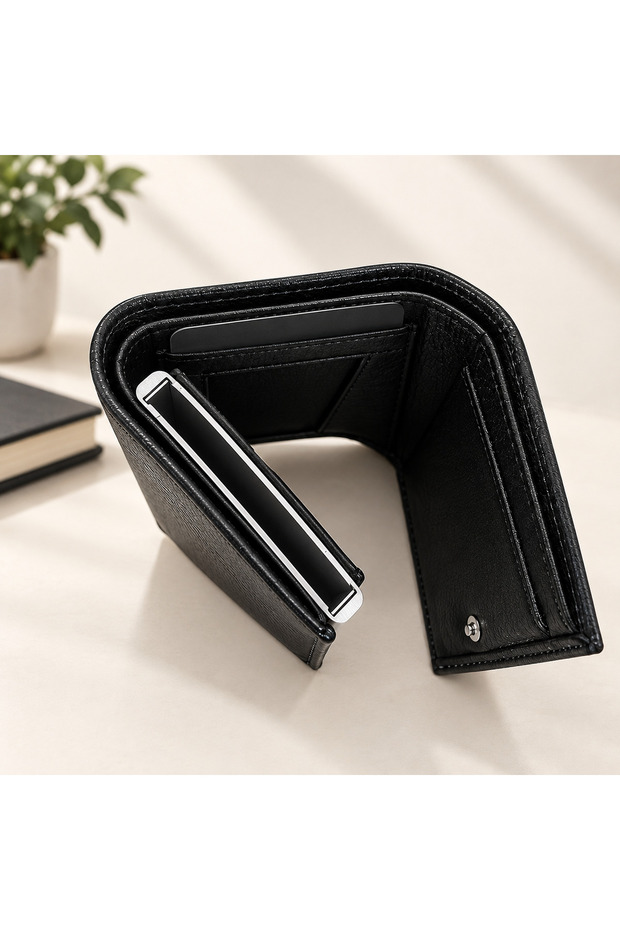 100% Genuine Leather Automatic Men's Wallet with Smart Card Holder and Coin Compartment