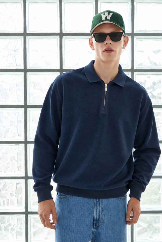 Men's Polo Collar Half-Zip Loose Fit Navy Blue Sweater