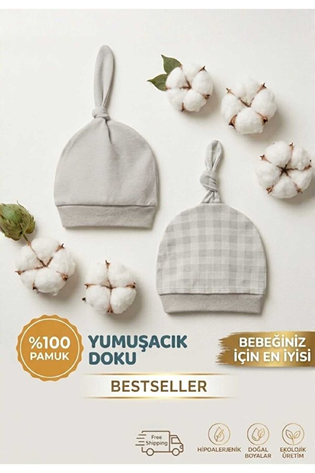 2-Pack 100% Cotton Combed Cotton Baby Beanie, Newborn 0-6 Months