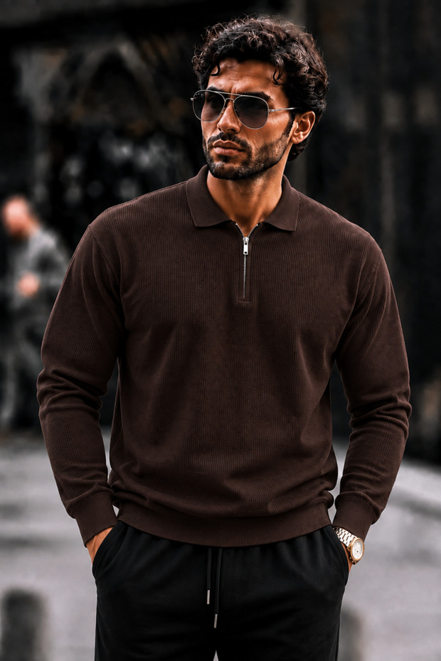 Men's Half-Zip Textured Knitwear Brown Sweater