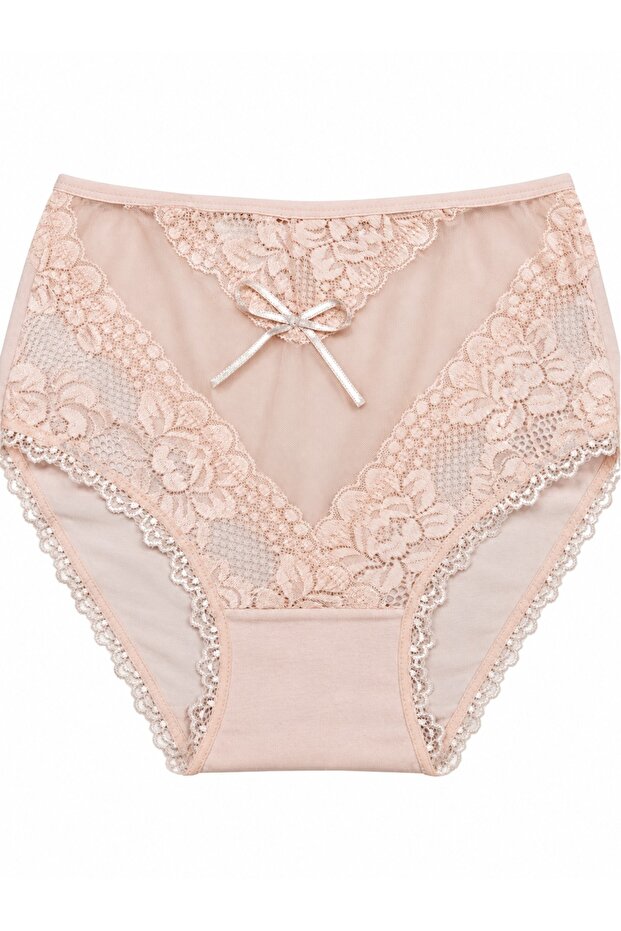 Large Size High Waist Floral Lace Bow Detailed Cotton Women's Panties