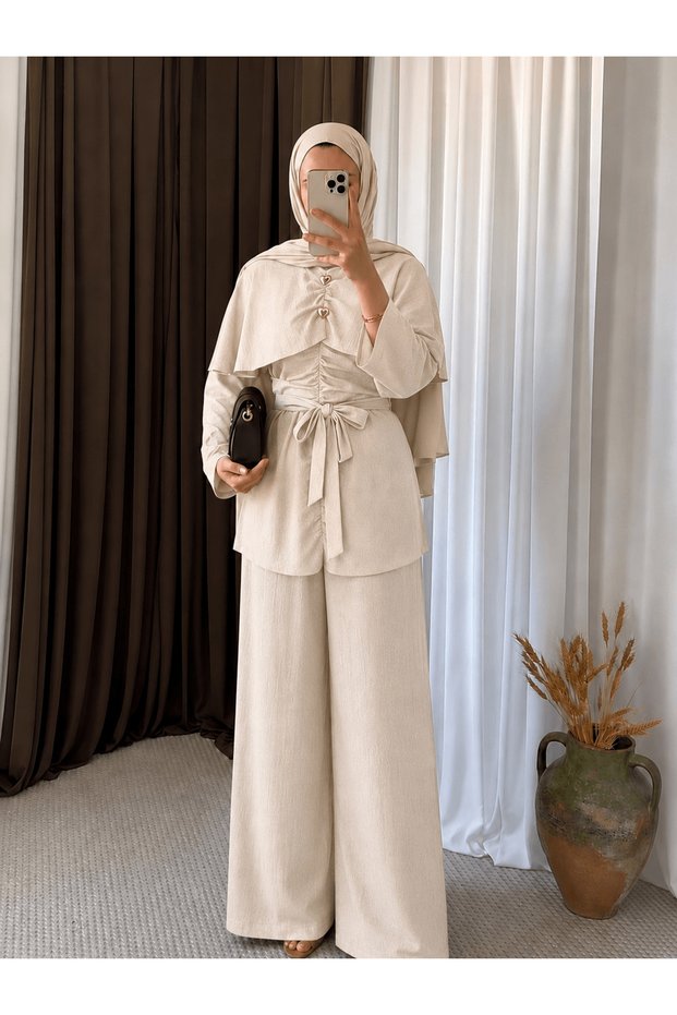 Cape and Drawstring Detailed Trousers Set - 3258 - Cream
