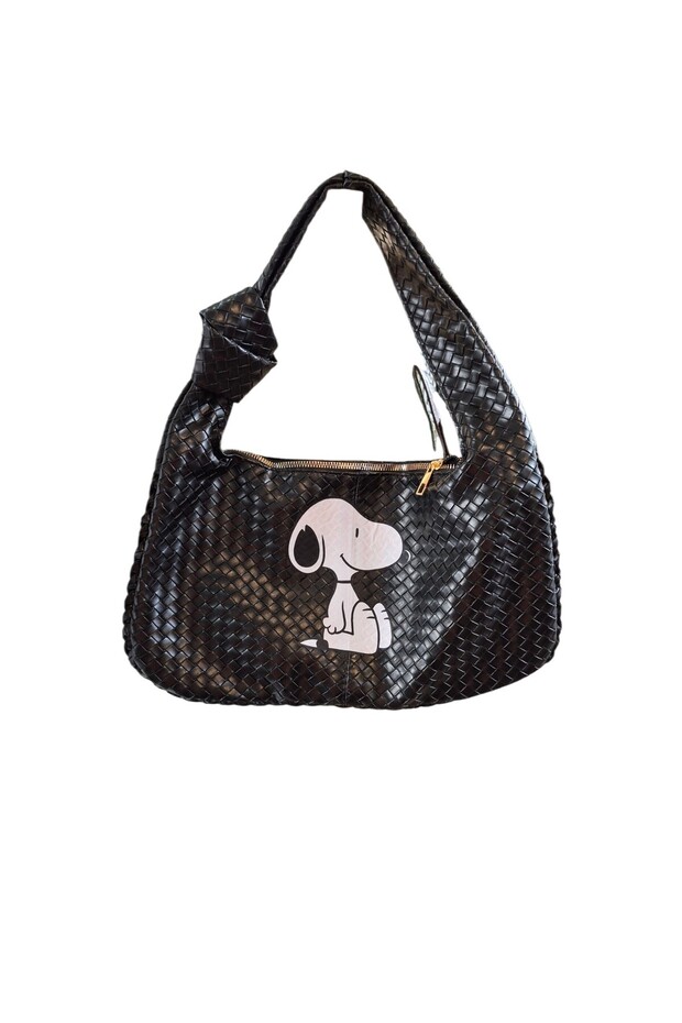 Hande Dizayn Valentine's Mother's Day Black Duni Leather Snoopy Pattern Shoulder Bag
