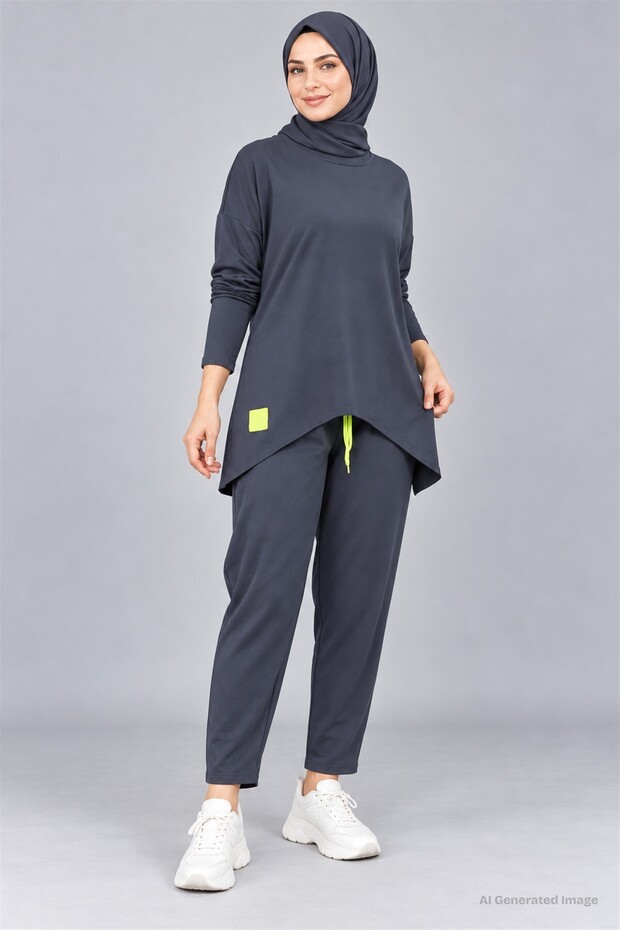 Women's Long Sleeve Asymmetrical Tunic and Waist-Tie Pants Set with Arma Detail, Viscose Cotton, Two-Thread Double Set