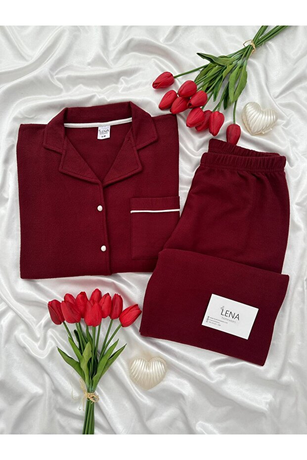 Women's Solid Color Collared Buttoned Pocketed Long Sleeve Premium Waffle Pajama Set
