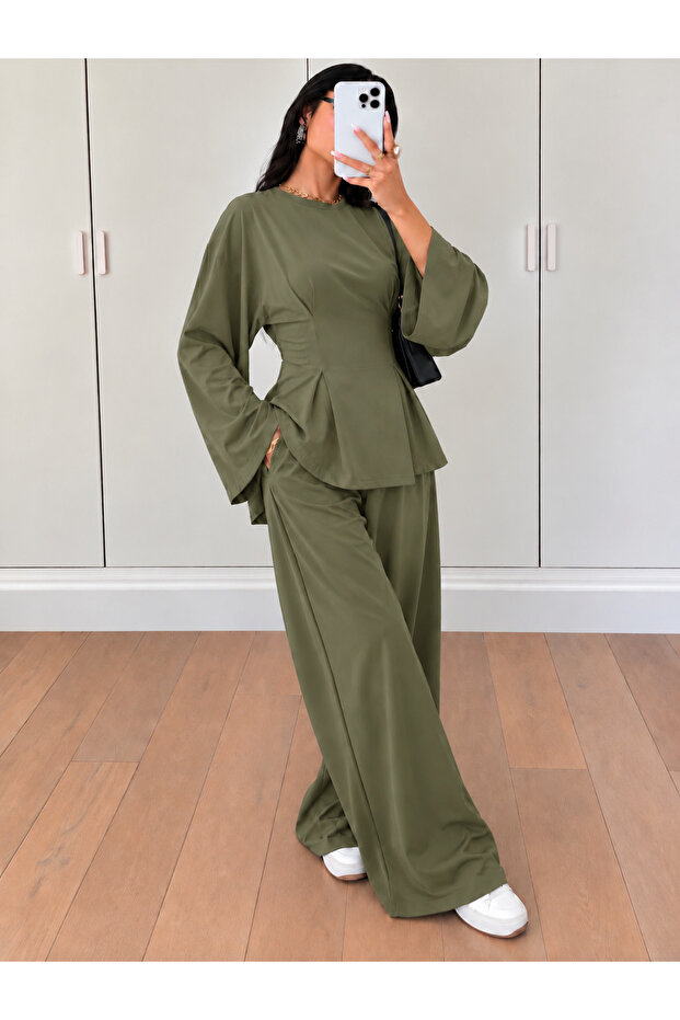 Women's Modal Waist-Fitted Flared Sleeve Wide Leg Pants Two-Piece Set 0242