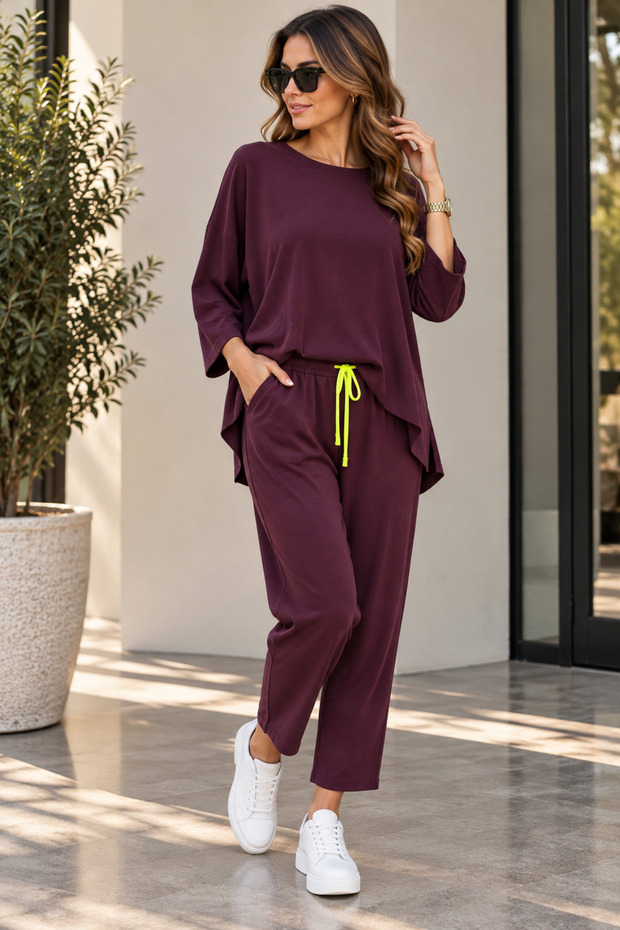Women's Long Sleeve Crew Neck Relaxed Fit Blouse & Elastic Waist Pocket Pants Two Piece Set