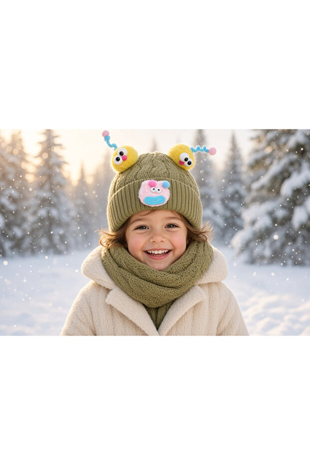 Children's Scarf, Beanie, and Glove Set with Animal Figures