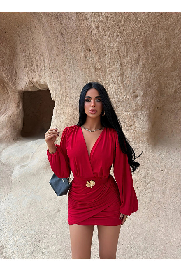 Red Double Breasted Buckle Dress