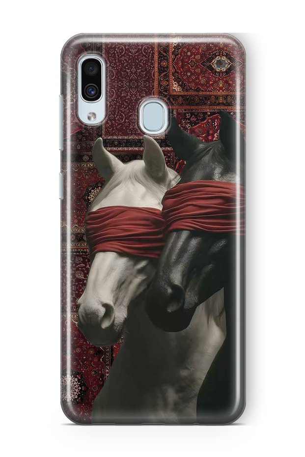 Samsung Galaxy A20 / A30 Compatible Transparent Phone Case with Carpet Background and Horse Artistic Pattern