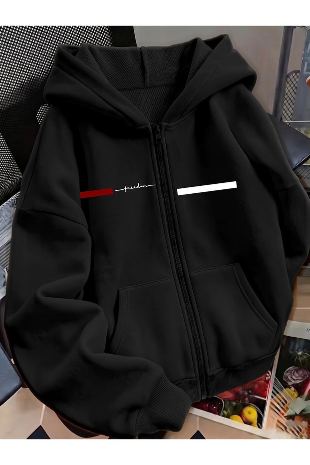 Unisex Black Minimal Text Stripe Printed Zippered Sweatshirt Printed Premium Oversize T-Shirt
