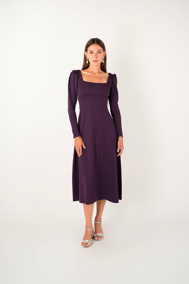 Crepe Fabric Square Collar Midi Dress - Eggplant Purple