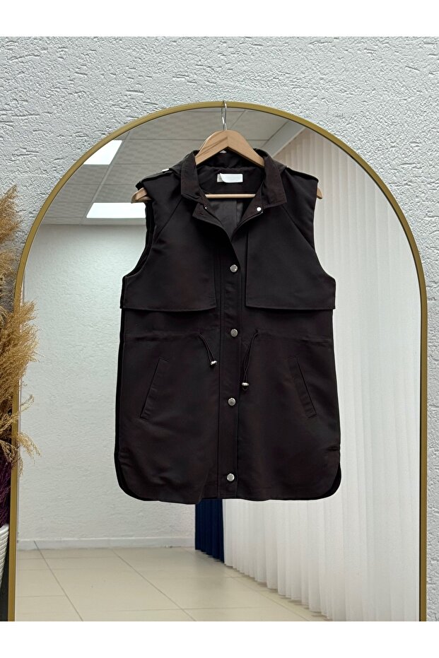 Kamergül Covered Vest with Drawstring Detail-En2249 Brown
