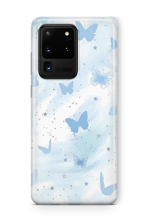 Samsung Galaxy S20 Ultra Compatible Pastel Blue Butterfly Pattern Transparent Phone Case