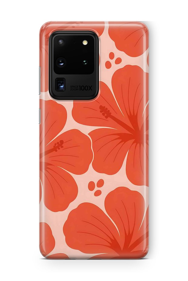 Samsung Galaxy S20 Ultra Compatible Orange Hibiscus Flower Pattern Transparent Phone Case