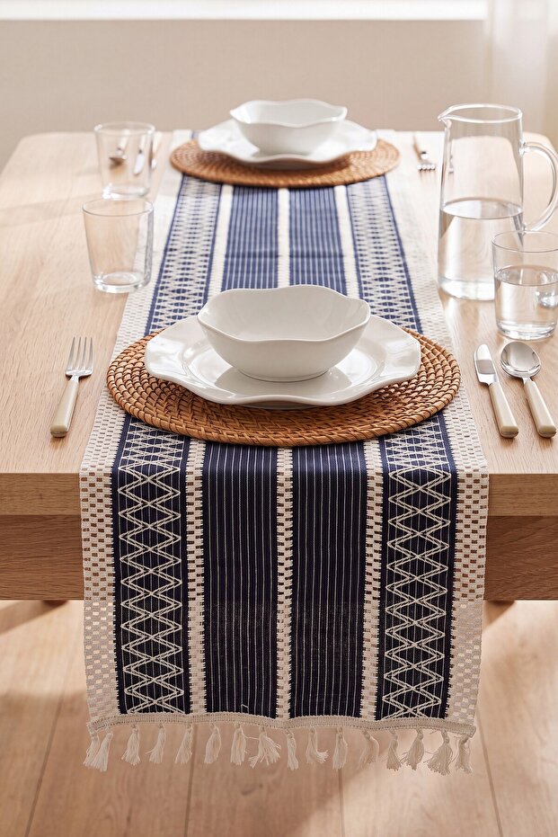 Navy Blue Regina Cotton Tasseled Runner 35X145 cm