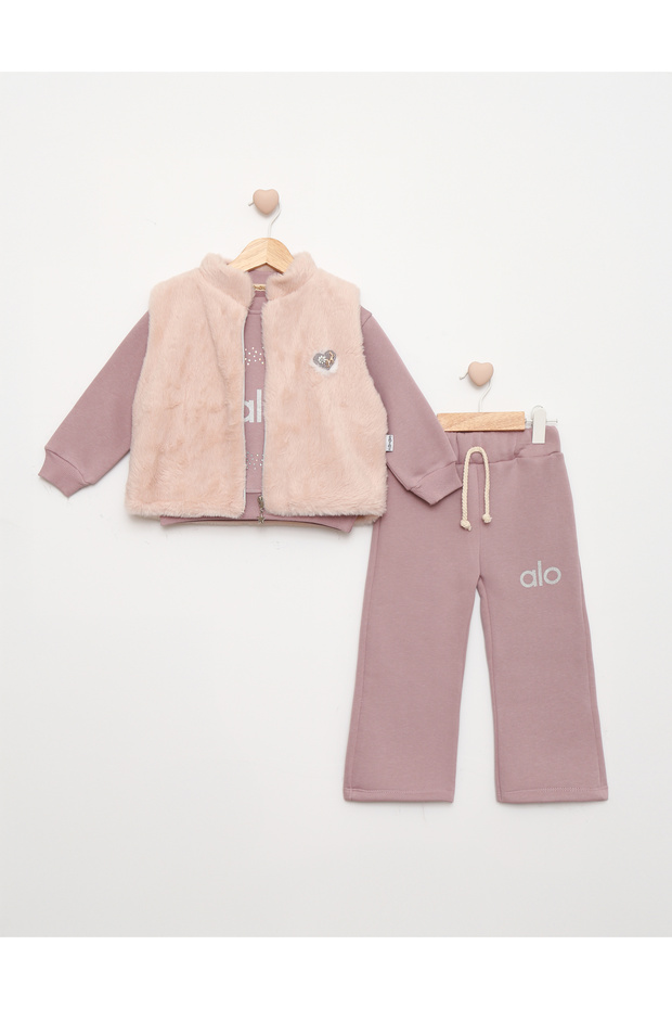 Plush Vested Stone Printed 3 Yarn Girls' Tracksuit Set