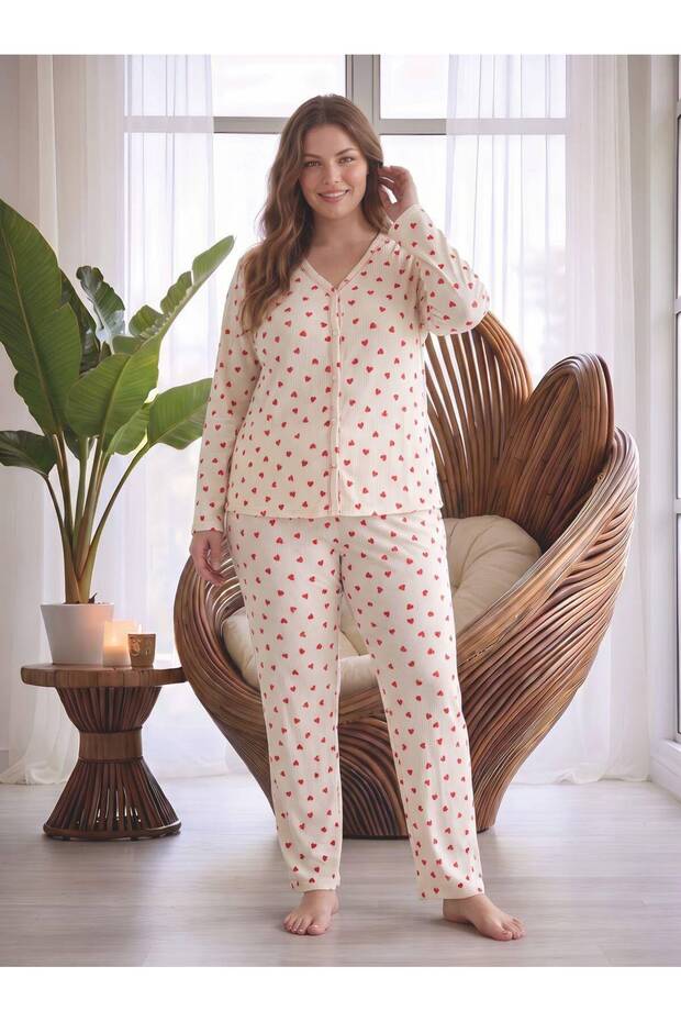 Women's Plus Size Floral Print Interlock Pajama Set Buttoned Front Open Soft Home Wear Set