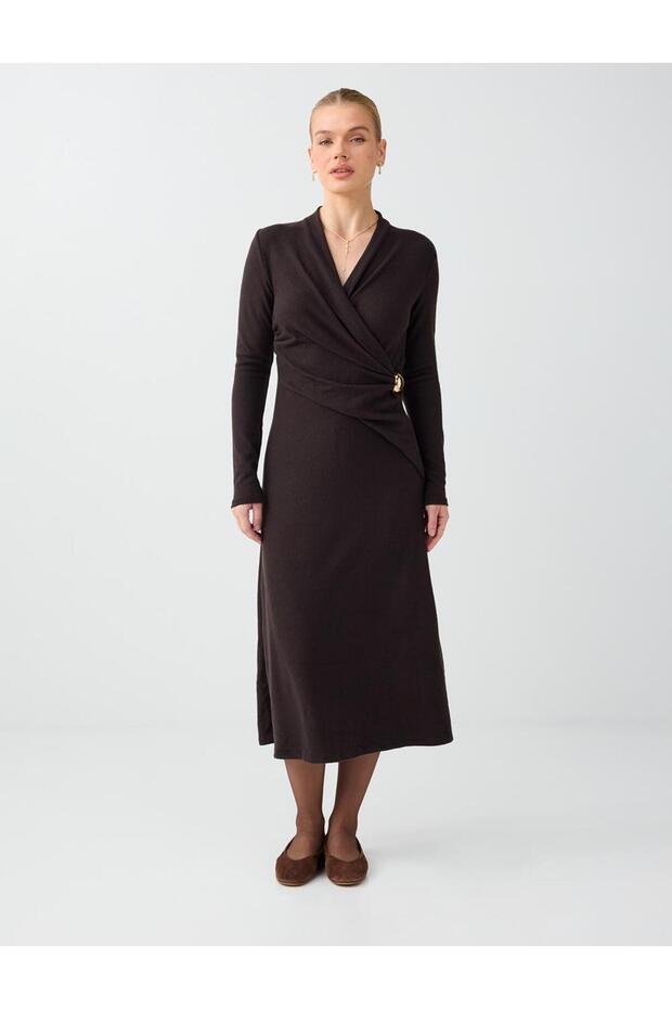 Bitter Brown Accessory Detailed Double Breasted Collar Soft Touch Midi Dress