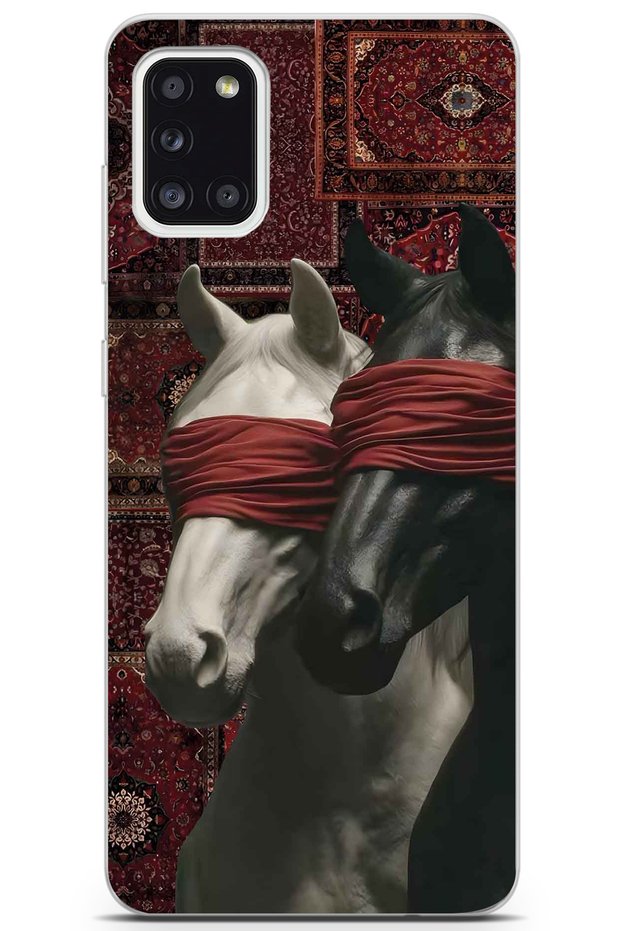 Samsung Galaxy A31 Compatible Transparent Phone Case with Carpet Background and Horse Artistic Pattern