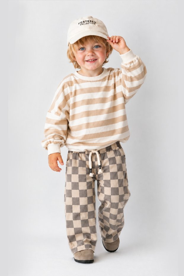 Unisex Children's Pants with Elastic Waist and Checkerboard Pattern