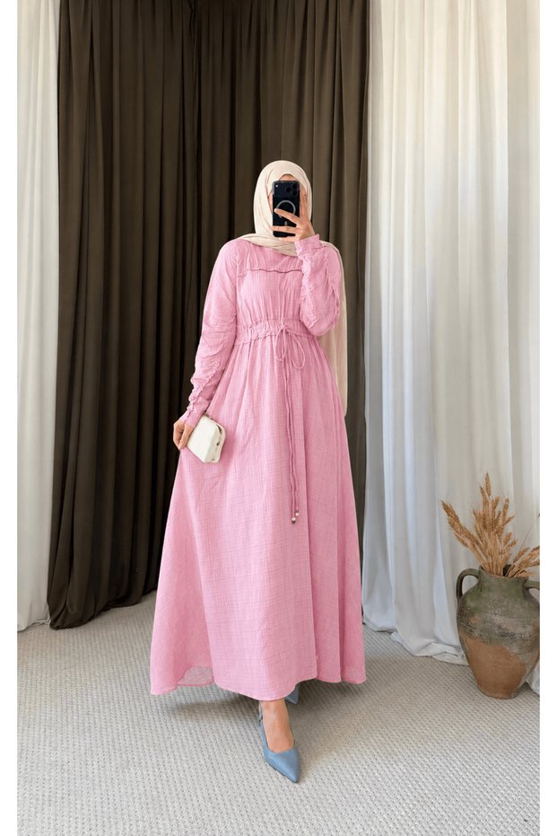 Crew Neck Drawstring Waist Dress - 5173 - Pink