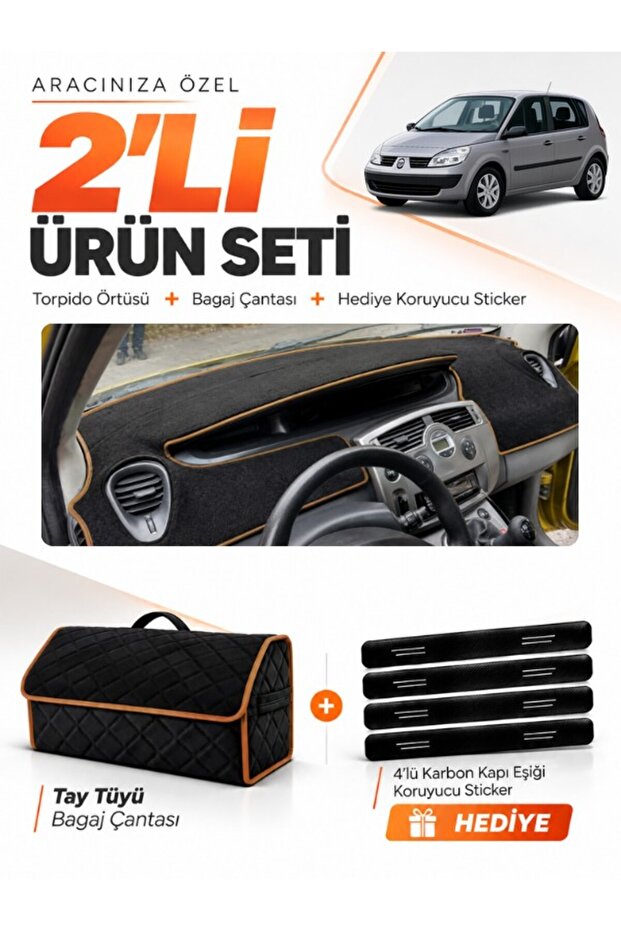 Renault Scenic 2 (2003-2009) Compatible Dashboard Cover + Tay Feather Trunk Bag + Sticker Set - Re044