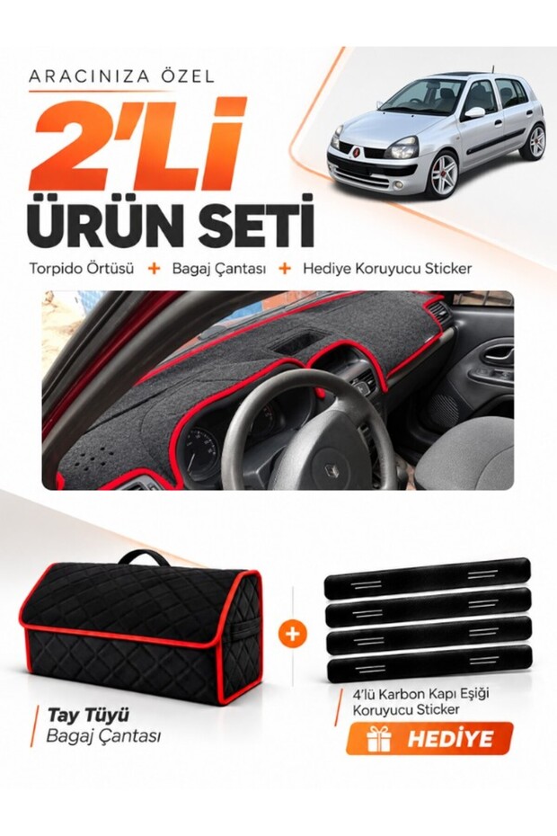 Renault Clio 2 Top Pocketed (2003-2006) Compatible Glove Box Cover + Thai Feather Trunk Bag Set - Re008