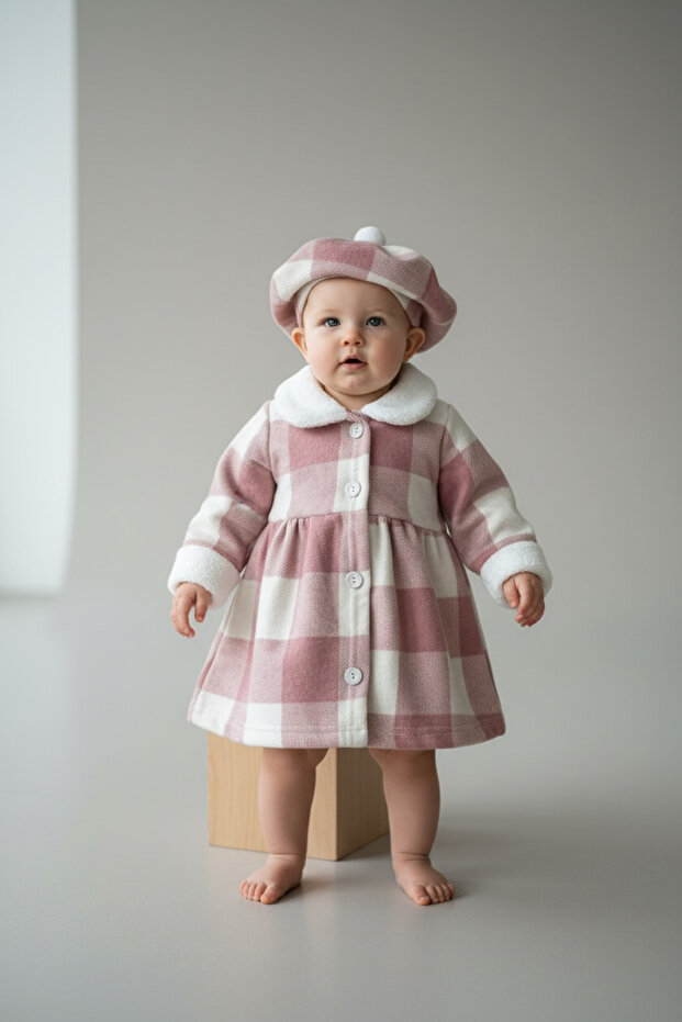 Baby Winter Dress with Hat, Plaid Pattern