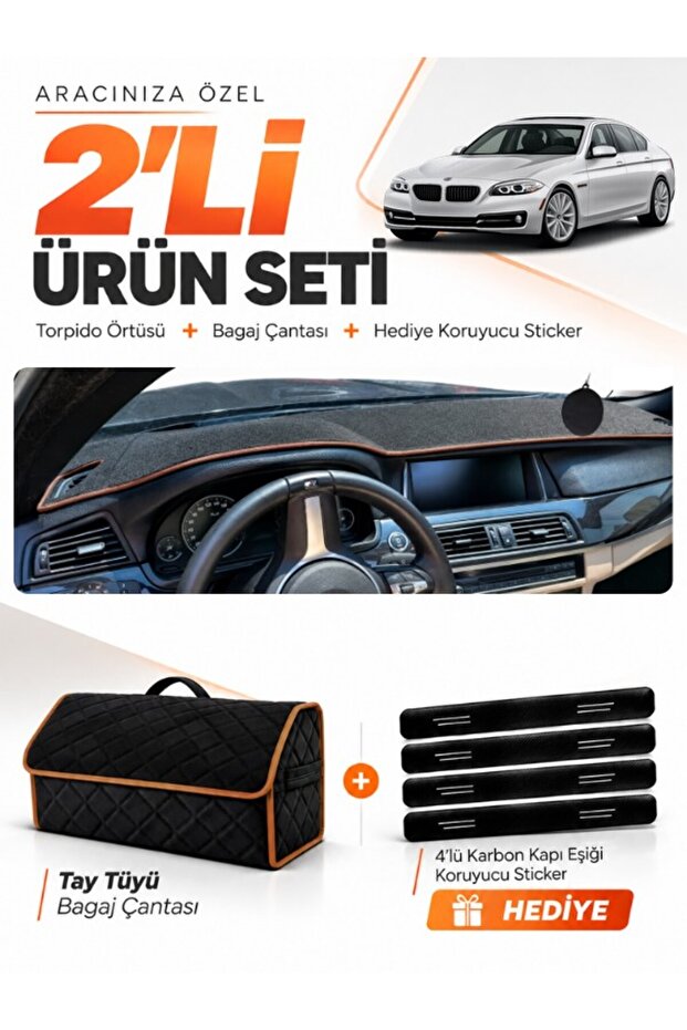 Bmw F10 (2010-2017) Compatible Dashboard Cover + Thai Feather Trunk Bag + Sticker Set - Bm004