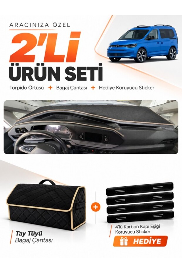Volkswagen Caddy (2022-2026) Compatible Dashboard Cover + Tay Feather Trunk Bag + Sticker Set - Vw004