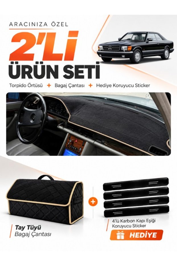 Mercedes W126-C126 (1979-1991) Compatible Glove Box Cover + Tay Feather Trunk Bag + Sticker Set - Mb017