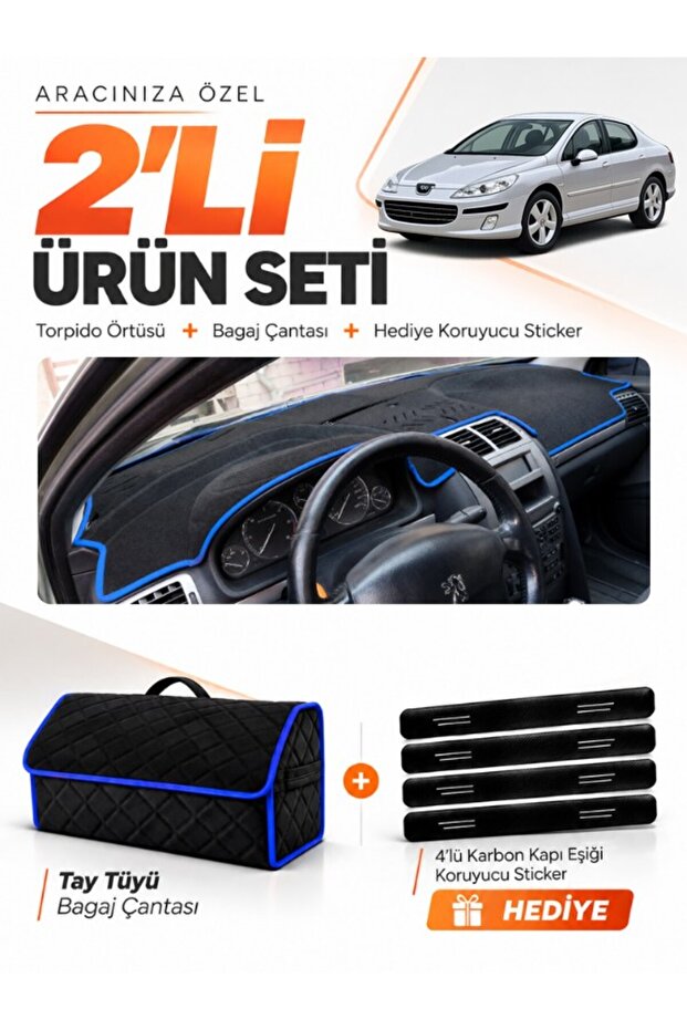 Peugeot 407 (2004-2010) Compatible Glove Box Cover + Tay Feather Trunk Bag + Sticker Set - Pe018