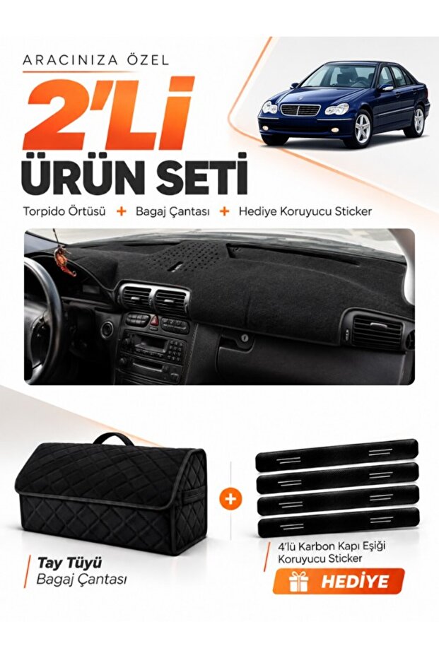 Mercedes W203 C-Class (2000-2007) Compatible Glove Box Cover + Tay Tüy Luggage Bag Set - Mb005