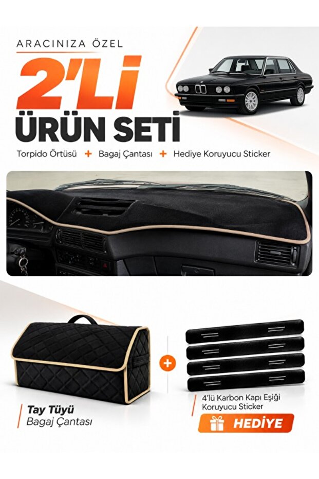 Bmw E28 (1981-1988) Compatible Glove Box Cover + Thai Feather Trunk Bag + Sticker Set - Bm006