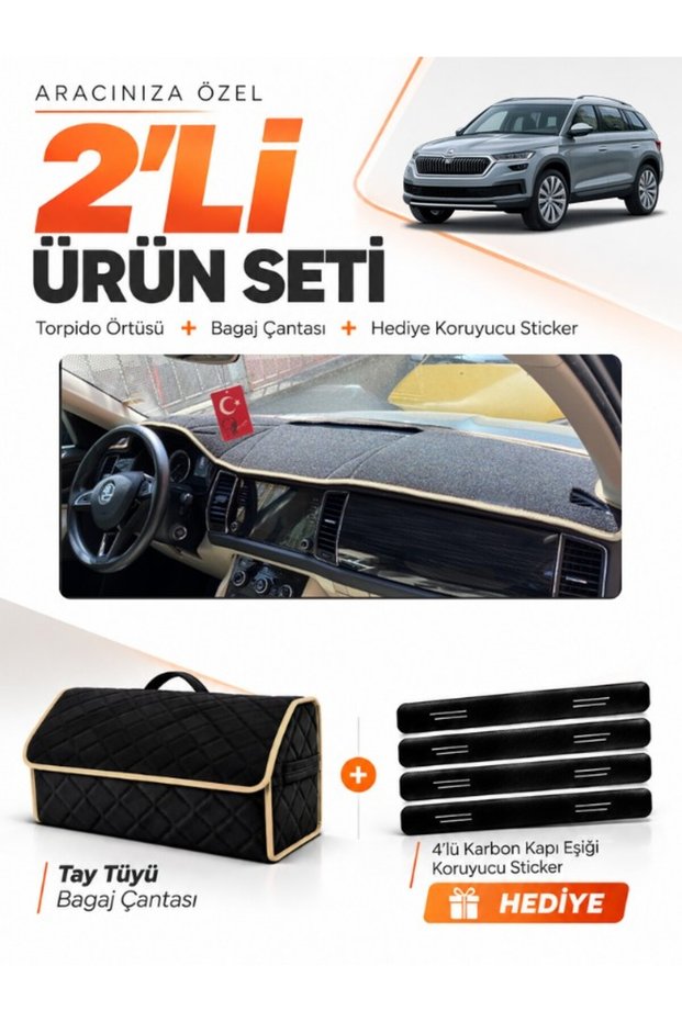 Dashboard Cover + Thai Feather Trunk Bag + Sticker Set Compatible with Skoda Kodiaq (2017-2023) - Sk007