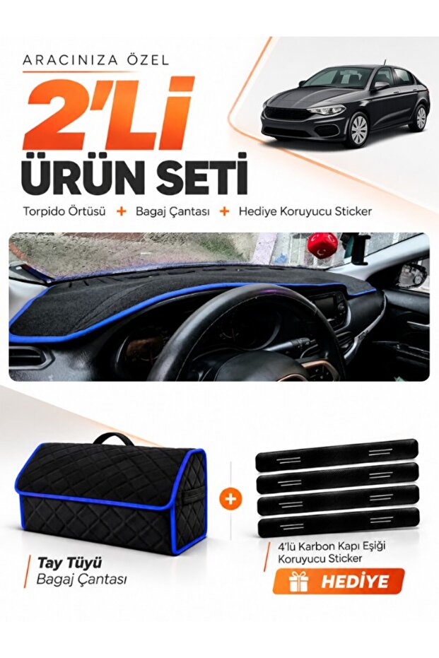 Fi̇at Egea Sedan (2007-2021) Tablet-Free Compatible Dashboard Cover + Feather-Feathered Trunk Bag Set - Fi011