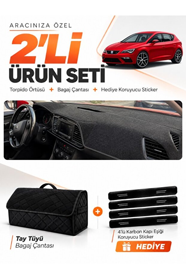 Seat Leon (2013-2020) Compatible Glove Box Cover + Thai Feather Trunk Bag + Sticker Set - Se006