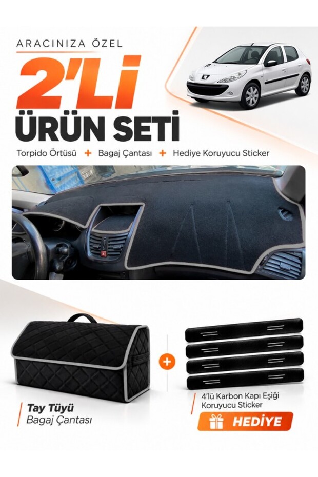 Dashboard Cover + Thai Feather Trunk Bag + Sticker Set Compatible with Peugeot 206+ (2009-2013) - Pe004