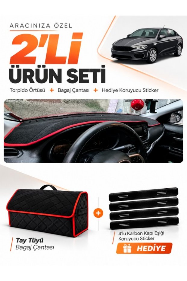 Fi̇at Egea Sedan (2007-2021) Tablet-Free Compatible Dashboard Cover + Feather-Feathered Trunk Bag Set - Fi011