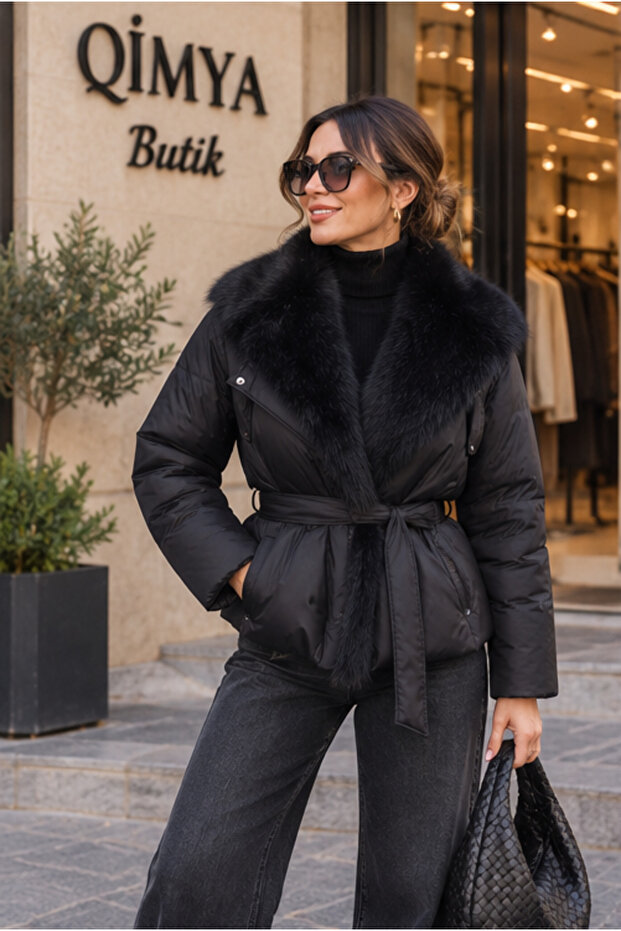 Levure Women's Light Fiber Snap Pocket Fur Collar Belted Coat