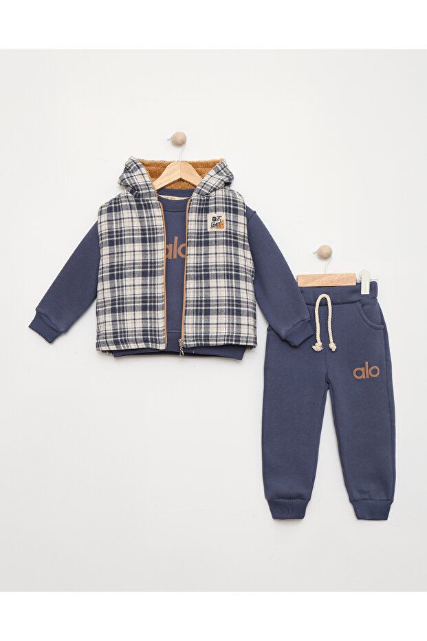 Welsoft Lining Plaid Vest Printed 3 Yarn Boys' Tracksuit Set