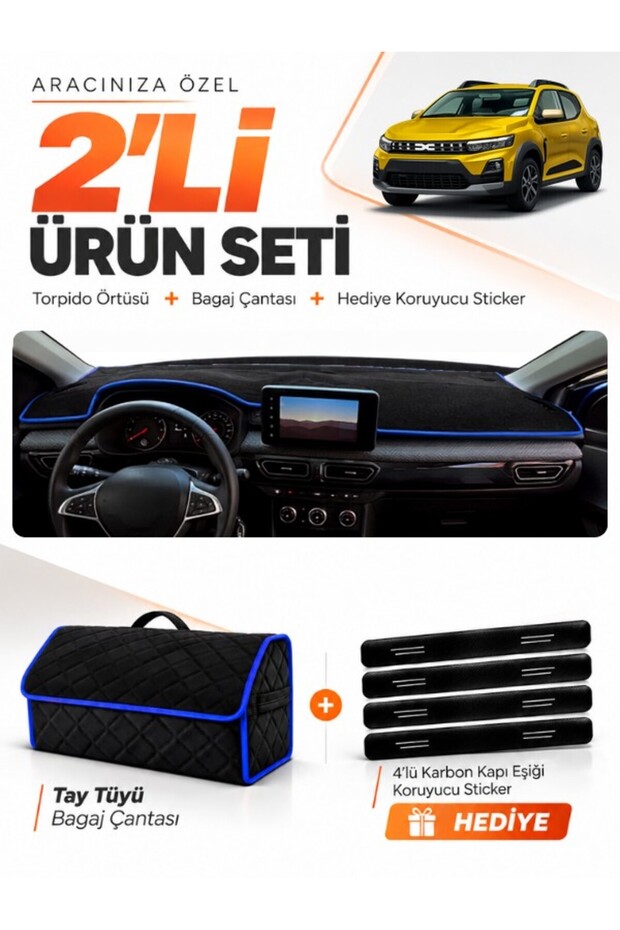 Dacia Sandero (2022-2026) Compatible Glove Box Cover with Screen + Thai Feather Trunk Bag Set - Da001