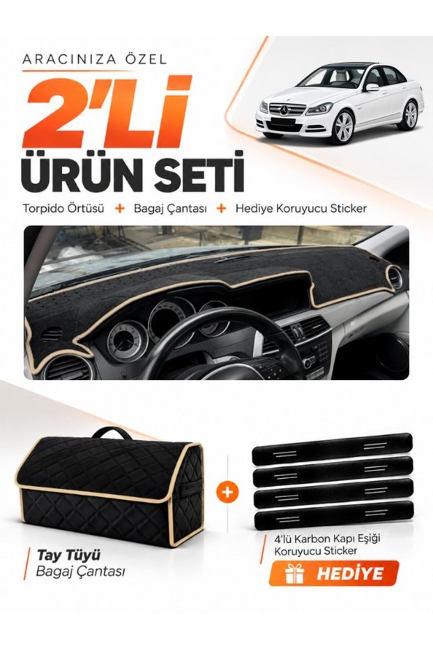 Mercedes W204 C180 (2007-2014) Compatible Glove Box Cover + Tay Tüy Luggage Bag + Sticker Set - Mb006