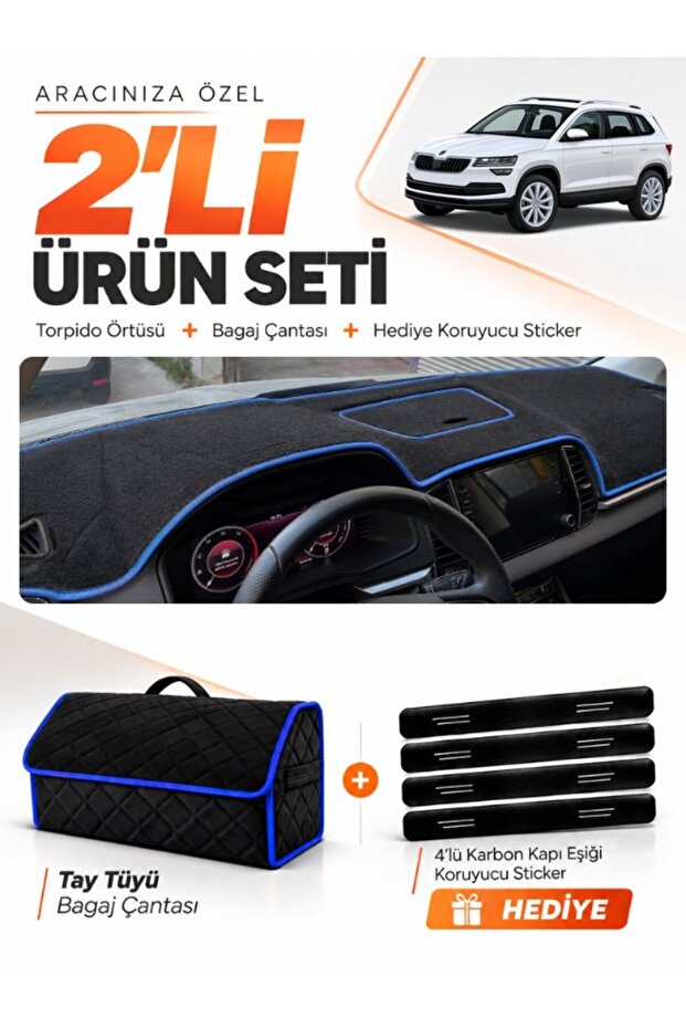 Skoda Karoq (2017-2024) Compatible Dashboard Cover + Tay Feather Trunk Bag + Sticker Set - Sk004
