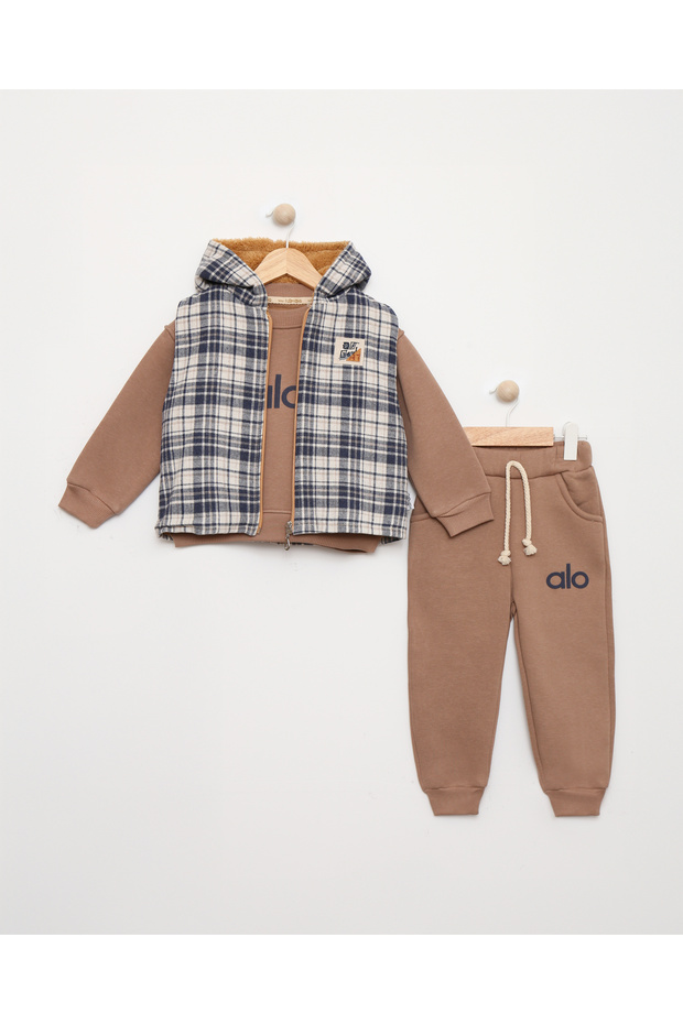 Welsoft Lining Plaid Vest Printed 3 Yarn Boys' Tracksuit Set